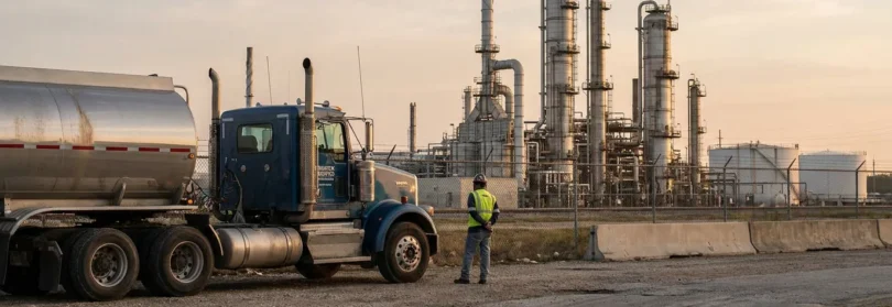 worker in safety vest standing beside tanker truck at industrial refinery