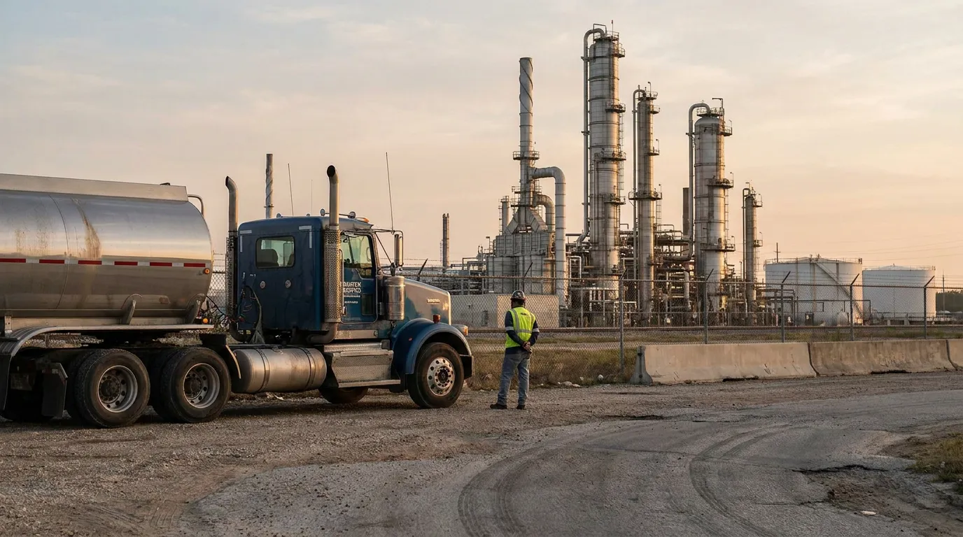 worker in safety vest standing beside tanker truck at industrial refinery