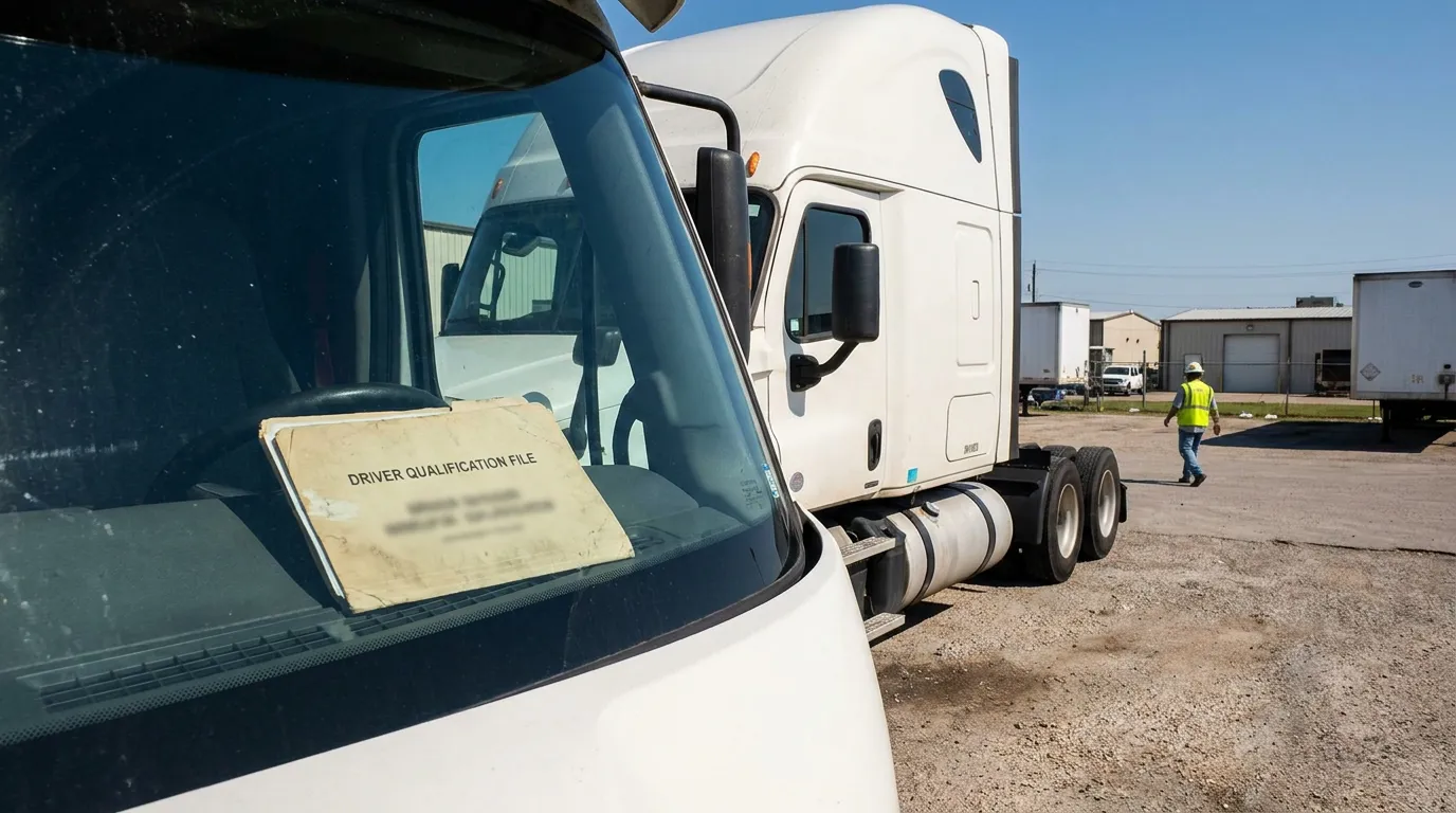 Driver Qualification File folder visible on semi-truck dashboard at commercial trucking yard
