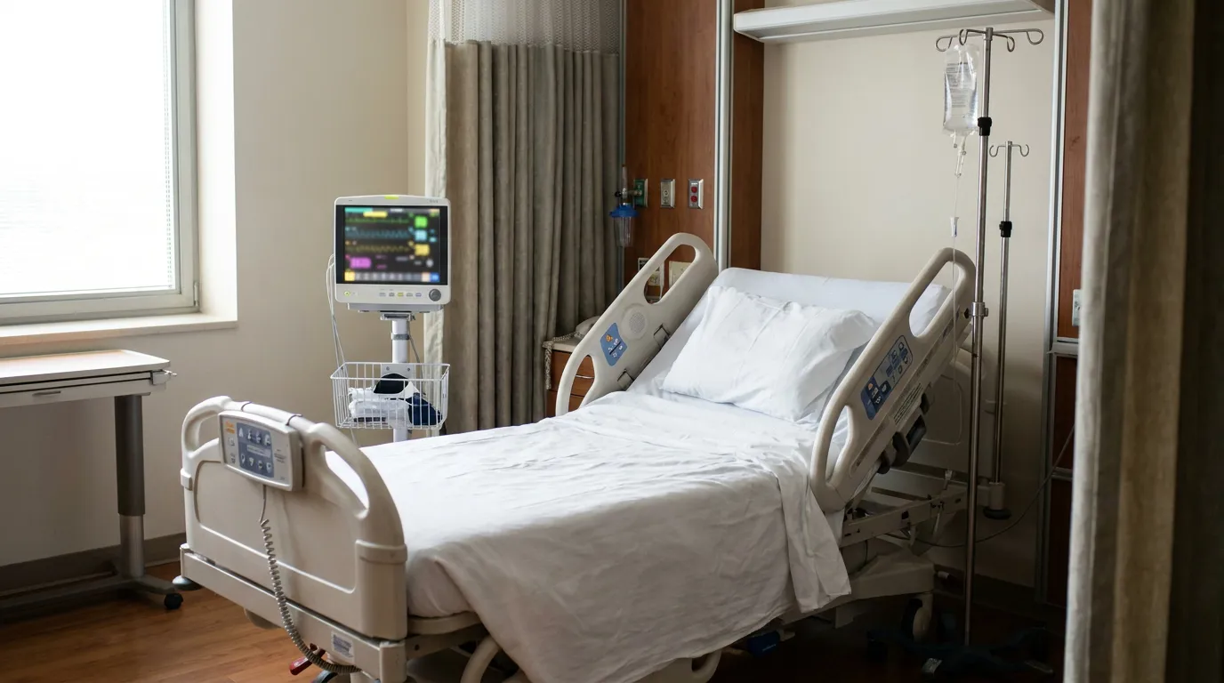 empty hospital bed with patient monitor and IV stand in private room