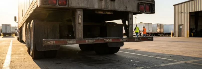 low-angle view of semi-truck rear undercarriage at commercial loading dock with workers