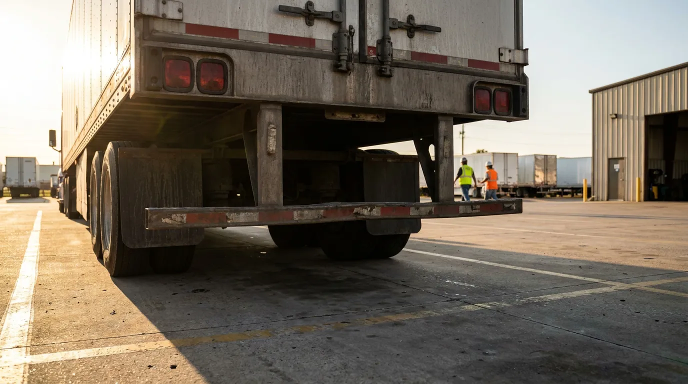 low-angle view of semi-truck rear undercarriage at commercial loading dock with workers