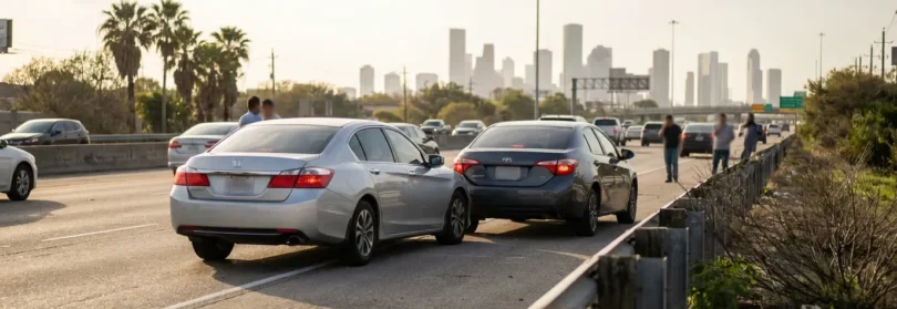 two sedans involved in highway collision with city skyline in background