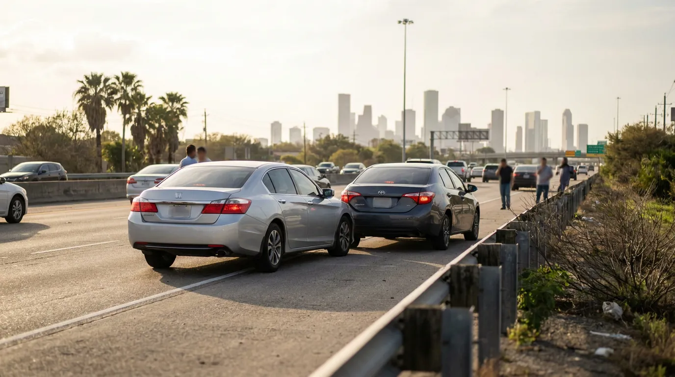two sedans involved in highway collision with city skyline in background