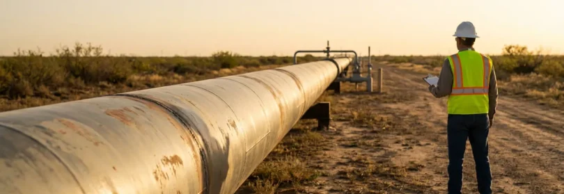safety vest worker holding clipboard inspecting large industrial pipeline in open field