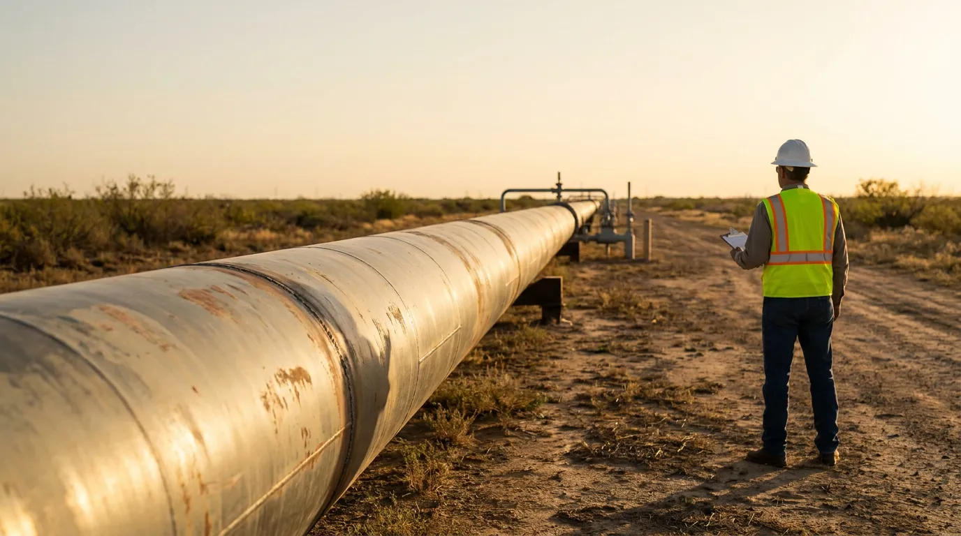 safety vest worker holding clipboard inspecting large industrial pipeline in open field