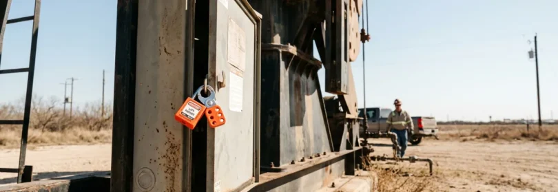 lockout tagout safety lock on oil pump jack with worker approaching