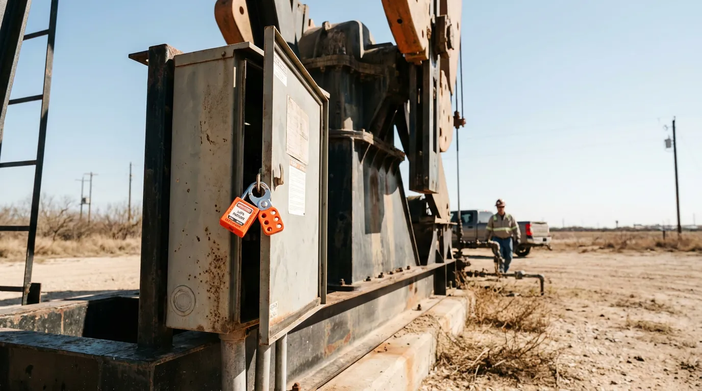 lockout tagout safety lock on oil pump jack with worker approaching