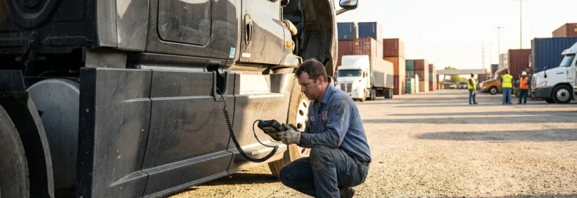 mechanic crouching beside semi-truck tire using handheld diagnostic device at commercial yard