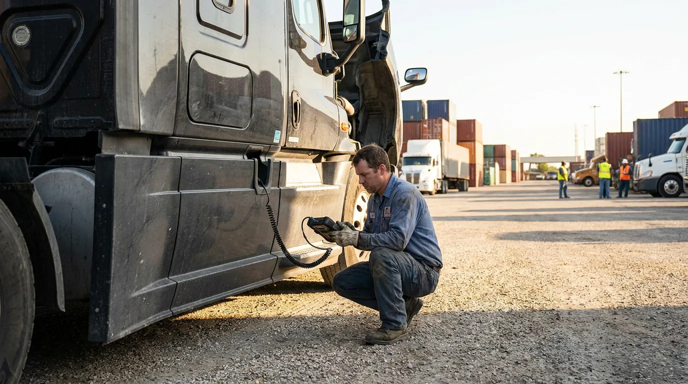 mechanic crouching beside semi-truck tire using handheld diagnostic device at commercial yard