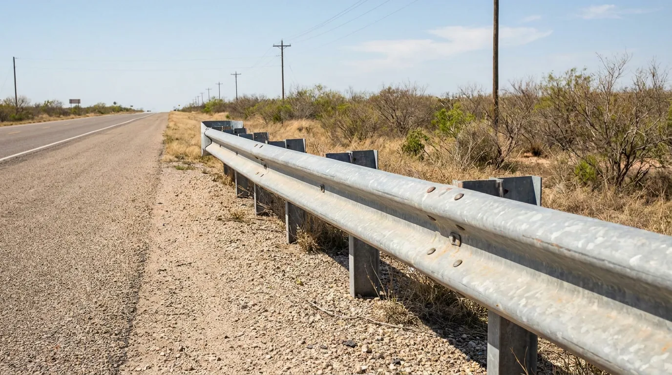 metal guardrail along rural highway shoulder with sparse desert vegetation