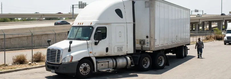 semi-truck with large trailer parked near highway overpass with worker nearby