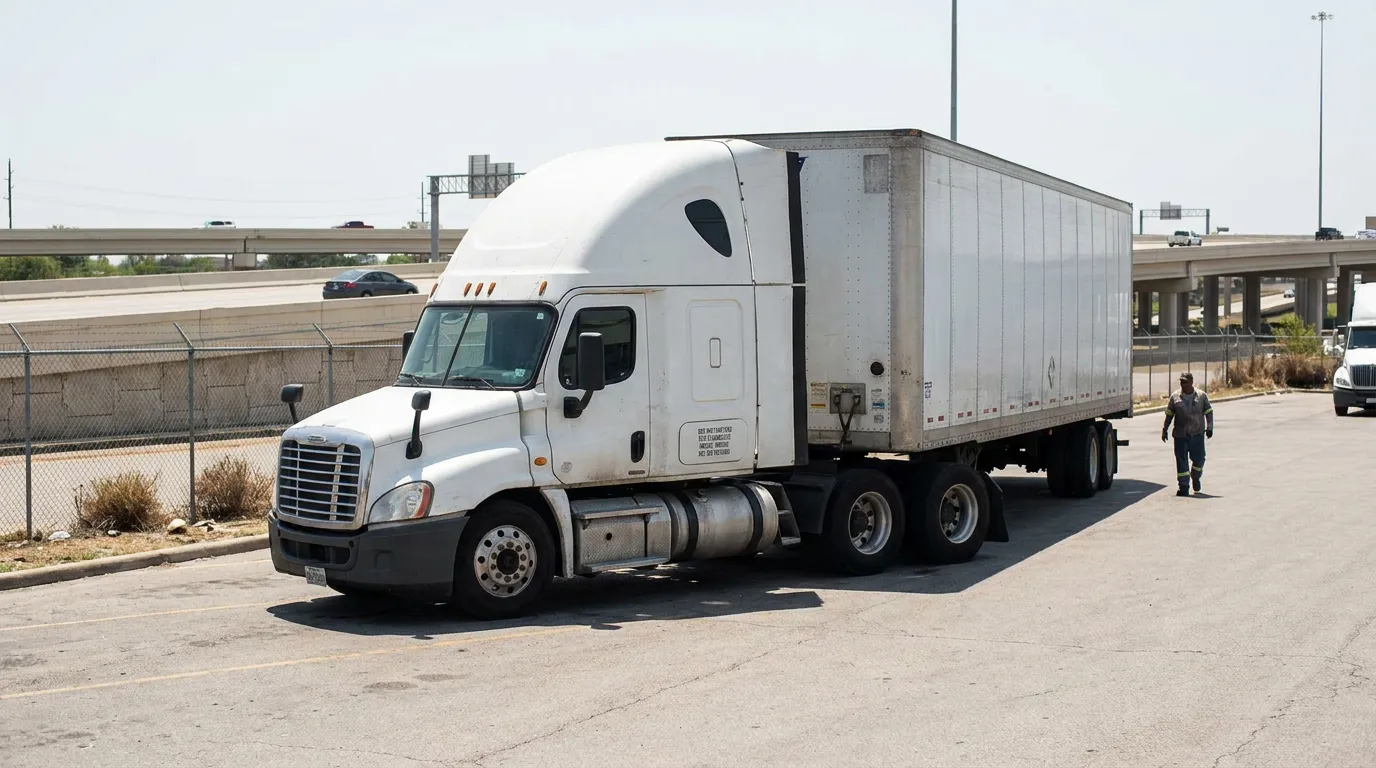 semi-truck with large trailer parked near highway overpass with worker nearby