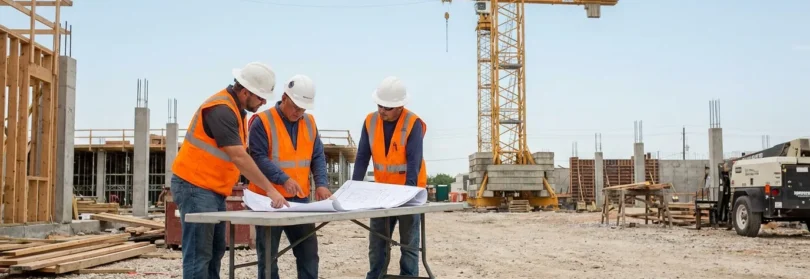 three construction workers in hard hats reviewing blueprints at active job site with crane