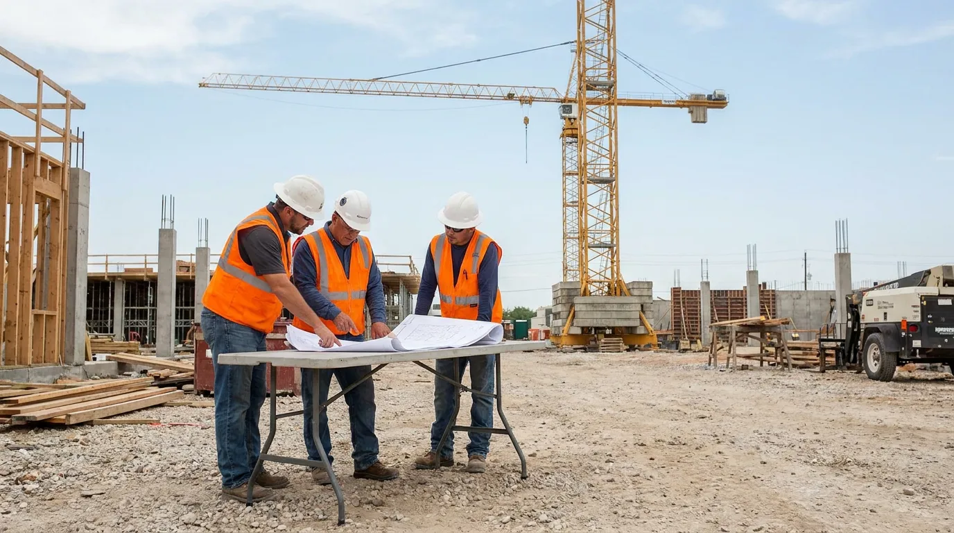 three construction workers in hard hats reviewing blueprints at active job site with crane