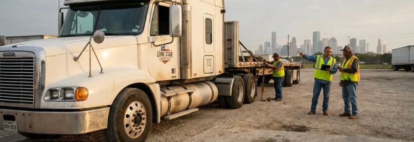 Lone Star Logistics semi-truck with workers in safety vests inspecting flatbed trailer