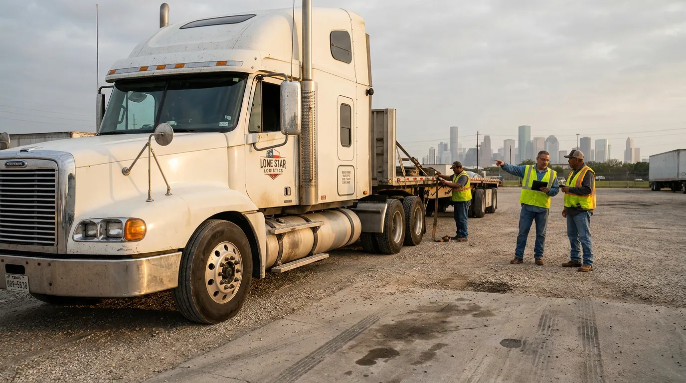 Lone Star Logistics semi-truck with workers in safety vests inspecting flatbed trailer