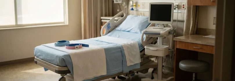 empty hospital bed with monitor, medical cart, and fetal straps bedside