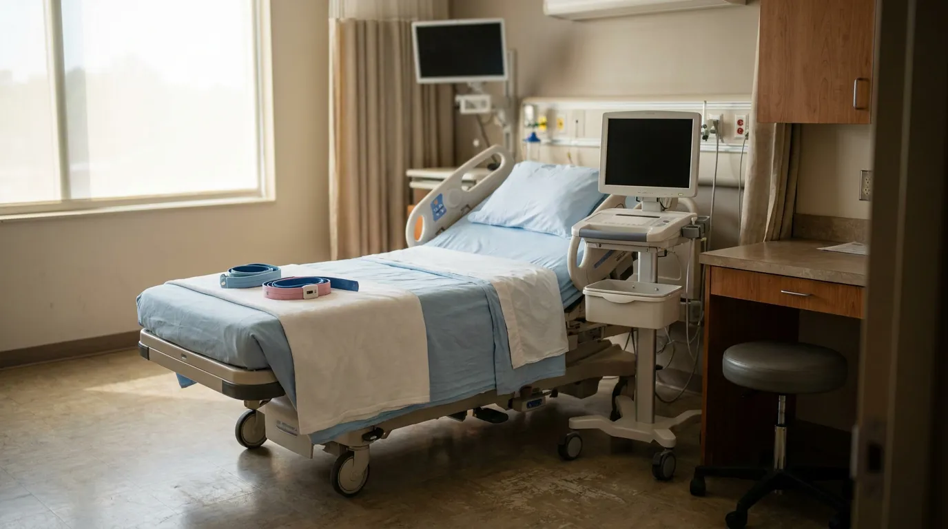 empty hospital bed with monitor, medical cart, and fetal straps bedside