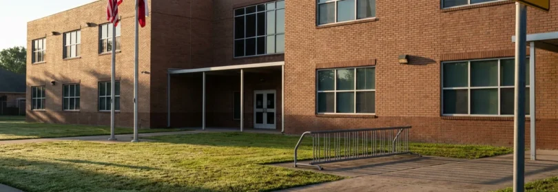 Brick school building entrance with American and Texas flags, School Zone sign