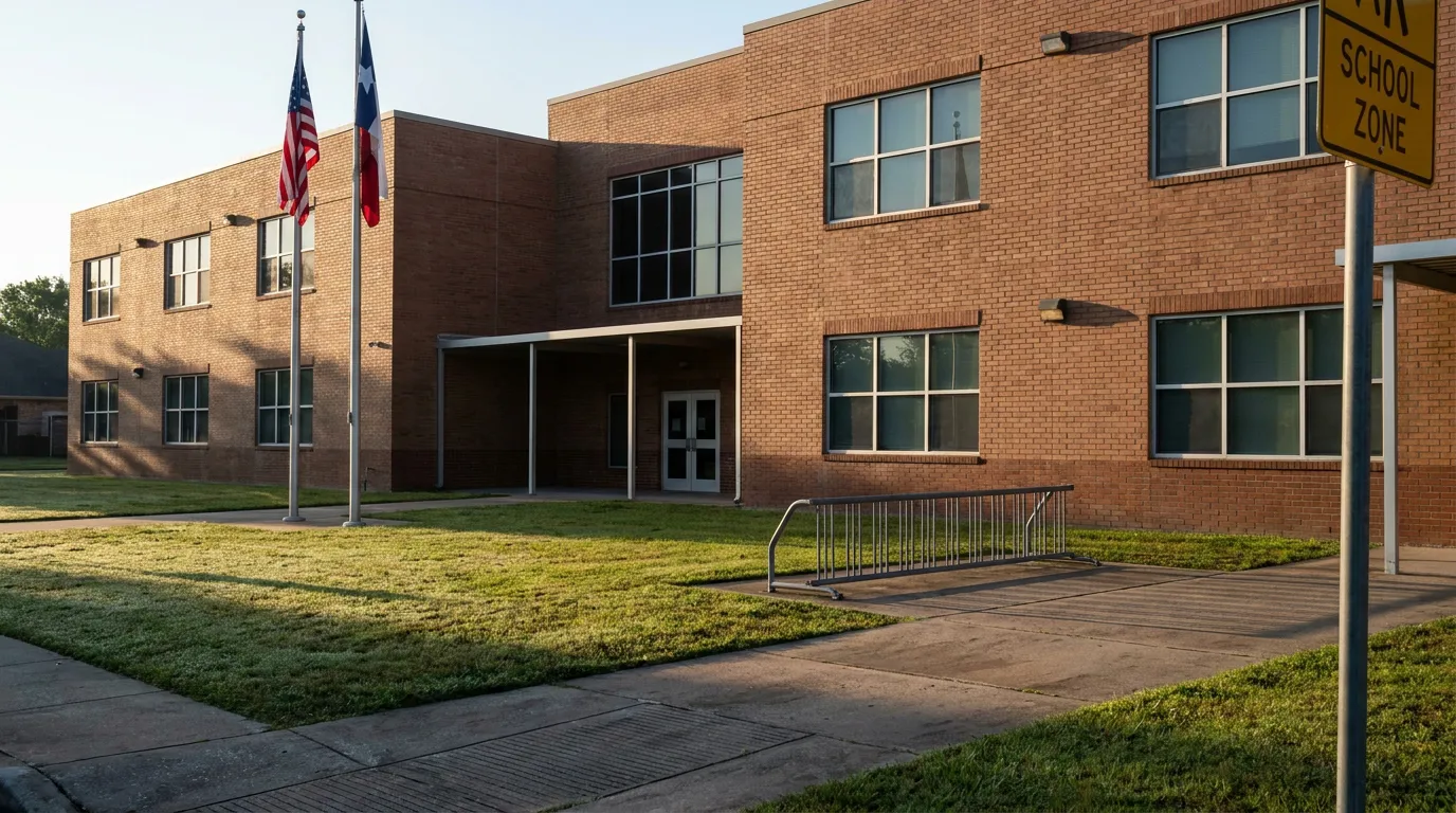 Brick school building entrance with American and Texas flags, School Zone sign