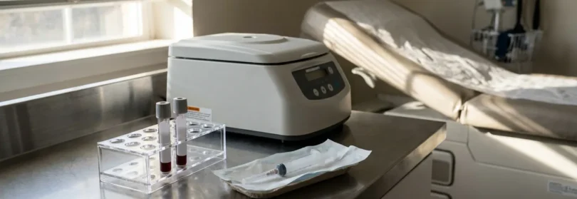 Blood vials, syringe, and centrifuge on exam room counter near medical table