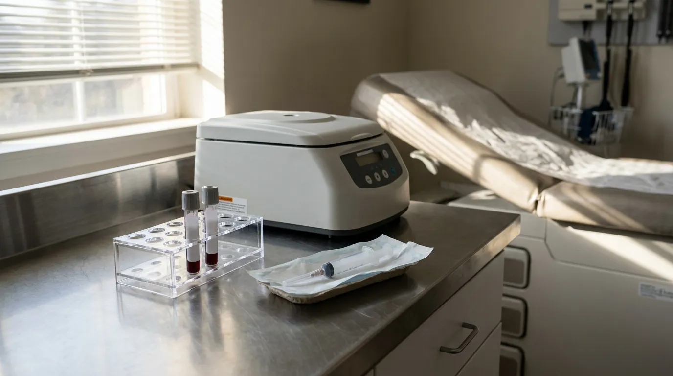 Blood vials, syringe, and centrifuge on exam room counter near medical table