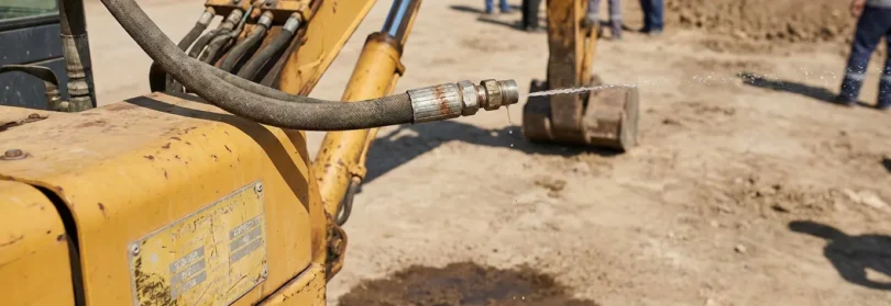 Burst hydraulic hose spraying fluid from excavator arm at construction site
