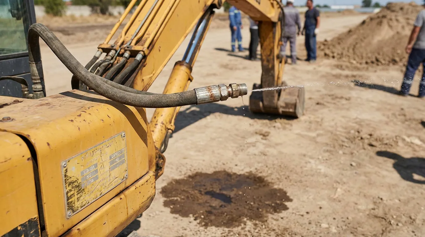 Burst hydraulic hose spraying fluid from excavator arm at construction site