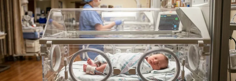 newborn infant resting in hospital incubator with medical monitors and nurse nearby