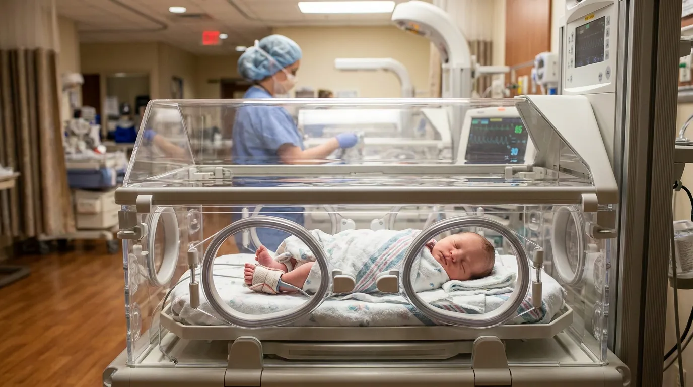 newborn infant resting in hospital incubator with medical monitors and nurse nearby